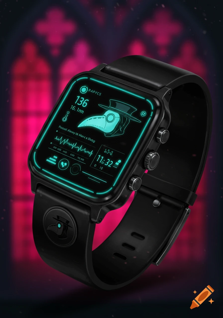 A black smartwatch face displays a glowing green plague doctor mask and various digital readouts.