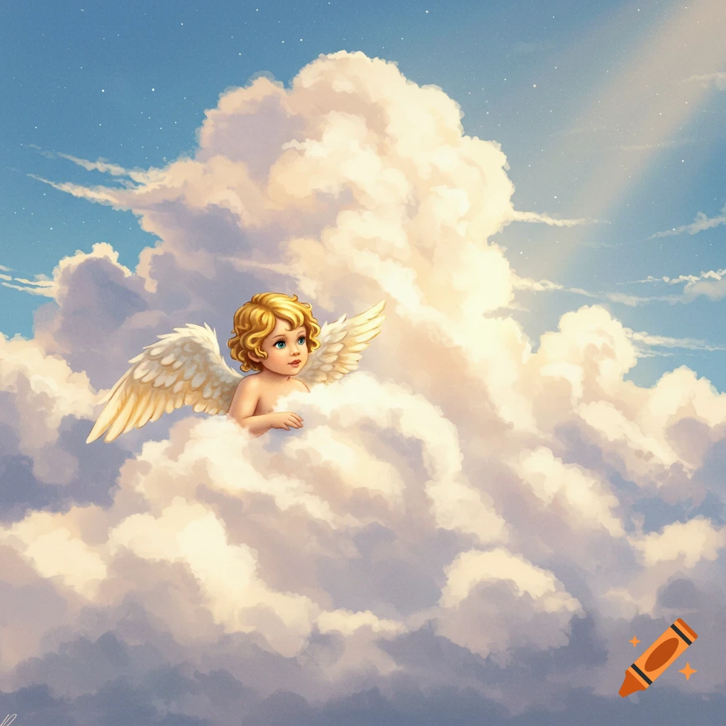 An illustration of a cherubic angel with wings peeking out of fluffy clouds in a blue sky.
