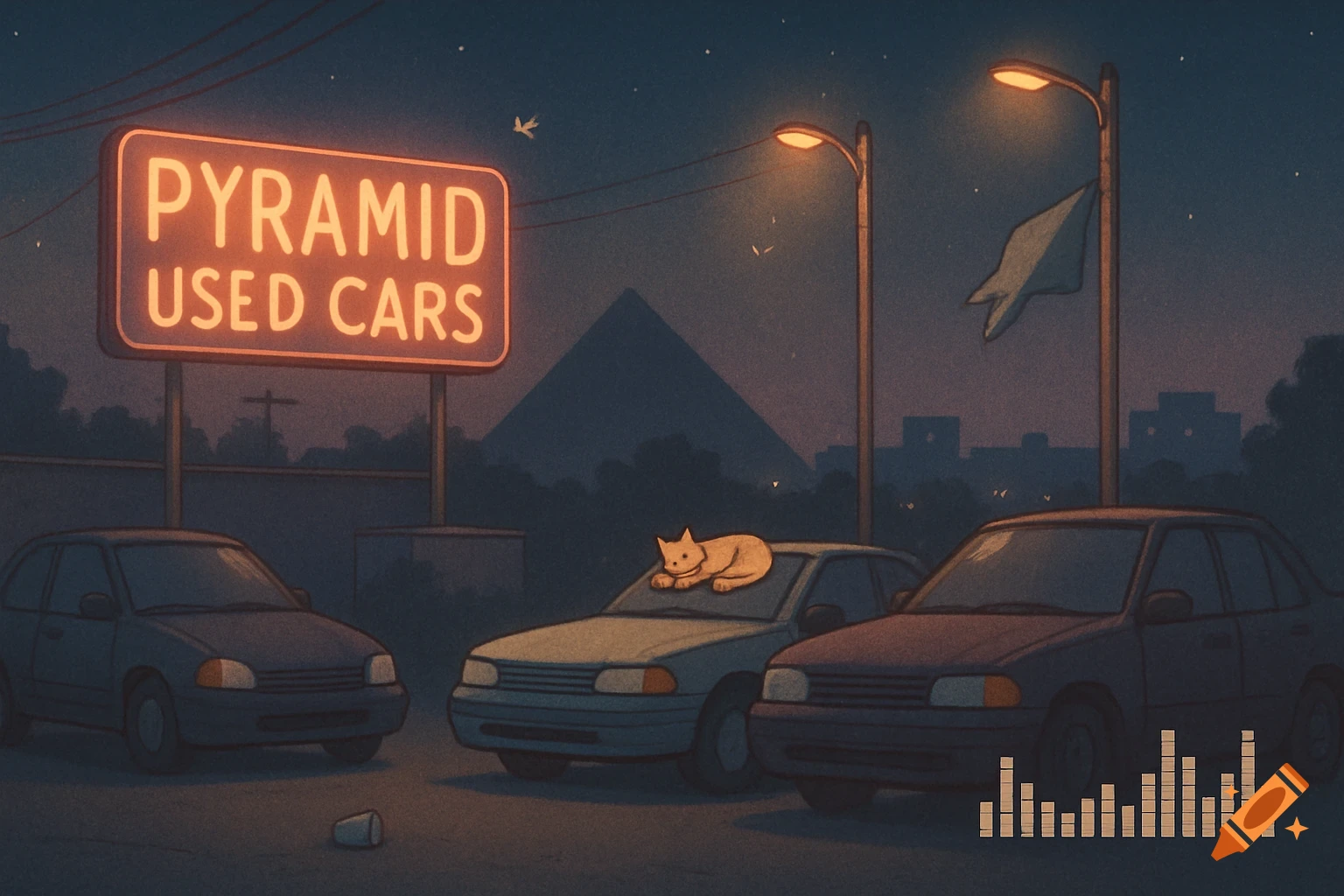 A lo-fi anime scene of a used car lot at night with a glowing "Pyramid Used Cars" sign, a cat napping on a car hood, and a distant pyramid silhouette.