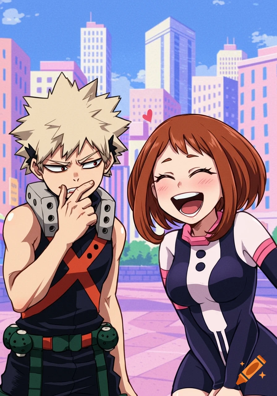Anime illustration of Bakugo and Ochako smiling together in a stylized city landscape.