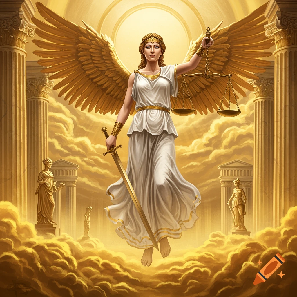 Winged woman representing justice holds scales and sword amidst golden clouds and classical columns.