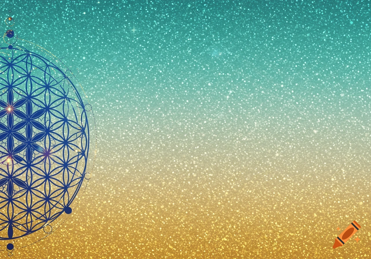 Sacred geometry symbol on a sparkling teal and gold background.