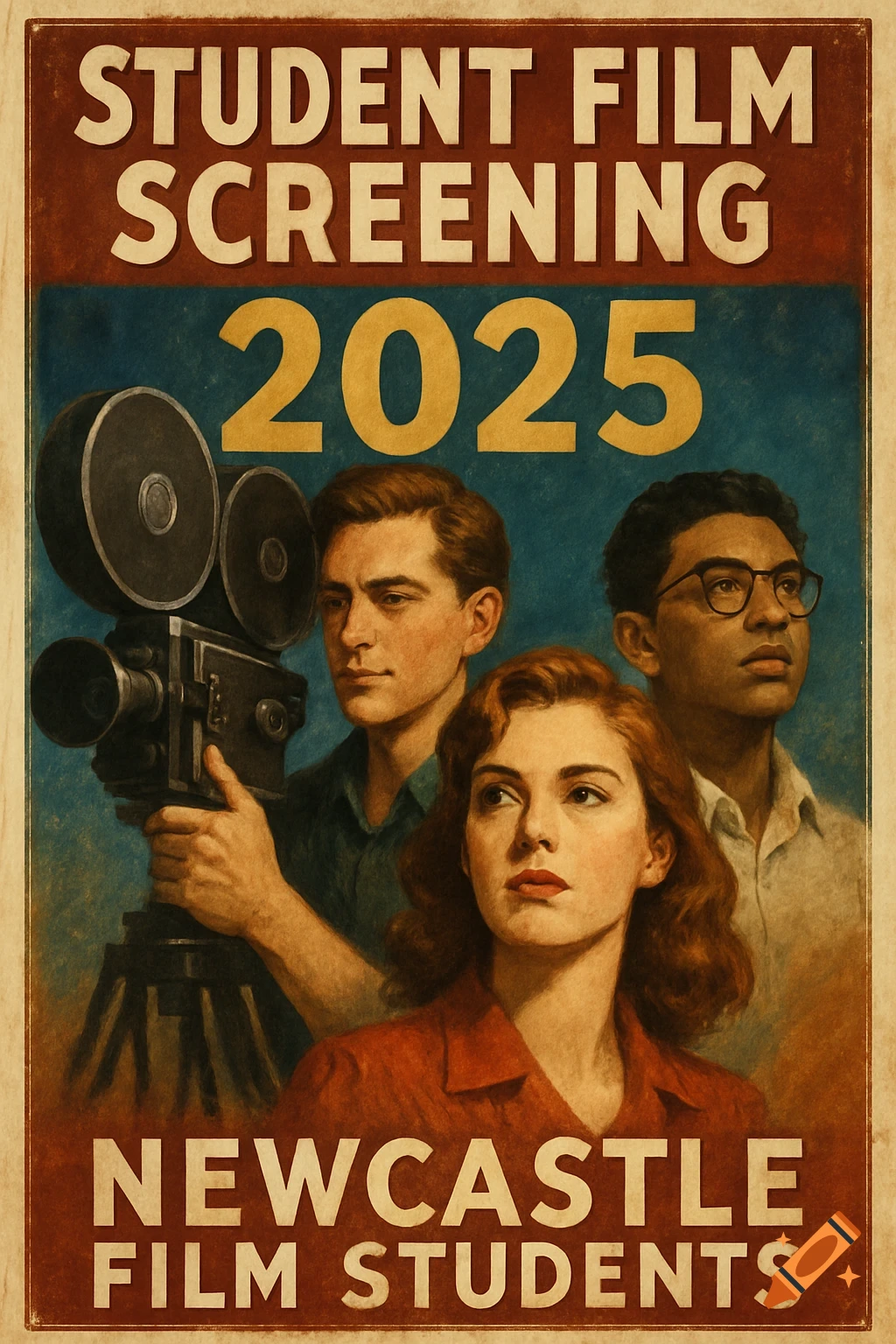Vintage style poster advertising a student film screening with portraits of three students and a film camera.