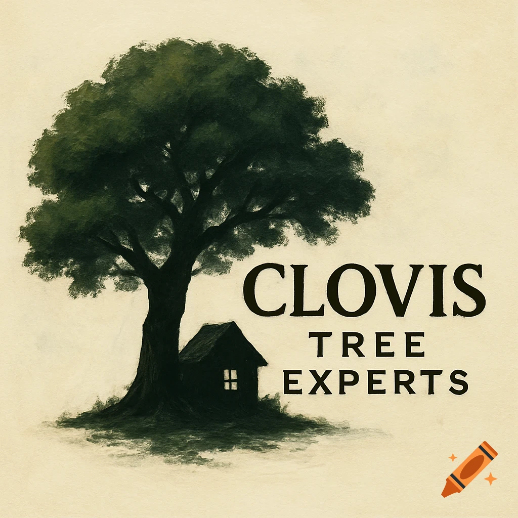 Logo illustration of a tree silhouette with a small house and the text 'Clovis Tree Experts'