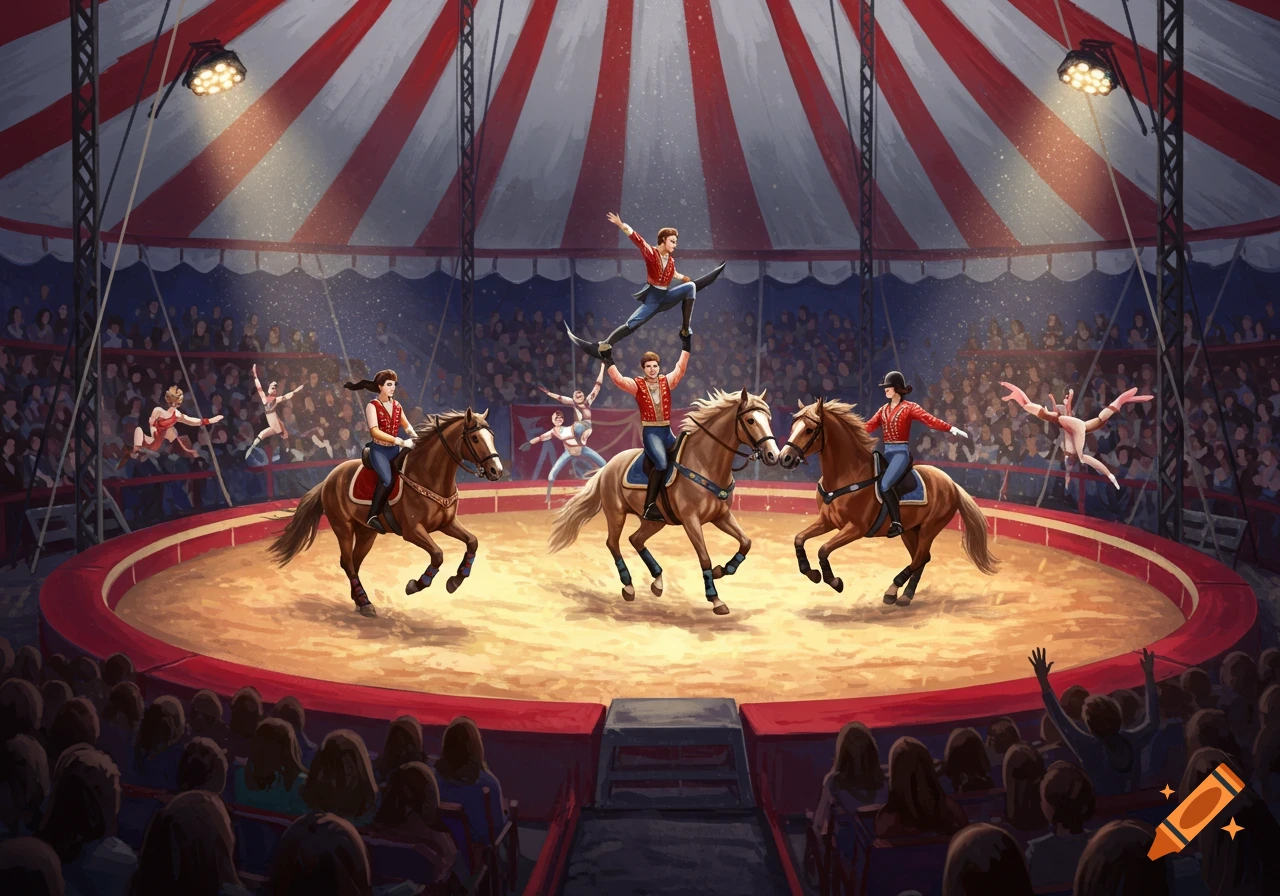 Circus performance with riders on horseback and acrobats under a red and white big top tent.