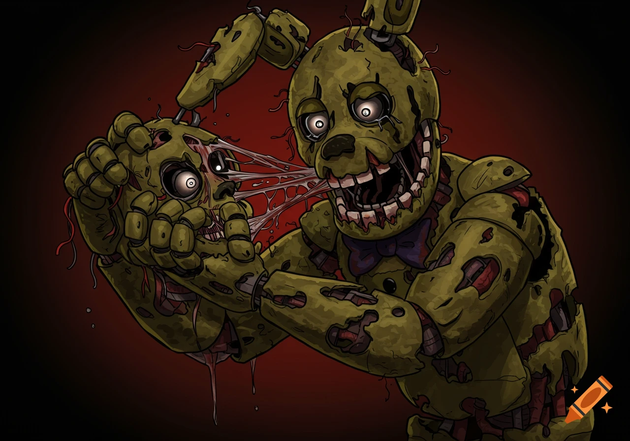 Green animatronic rabbit Springtrap tears apart a suit head, exposing gore, in a stylized artwork.