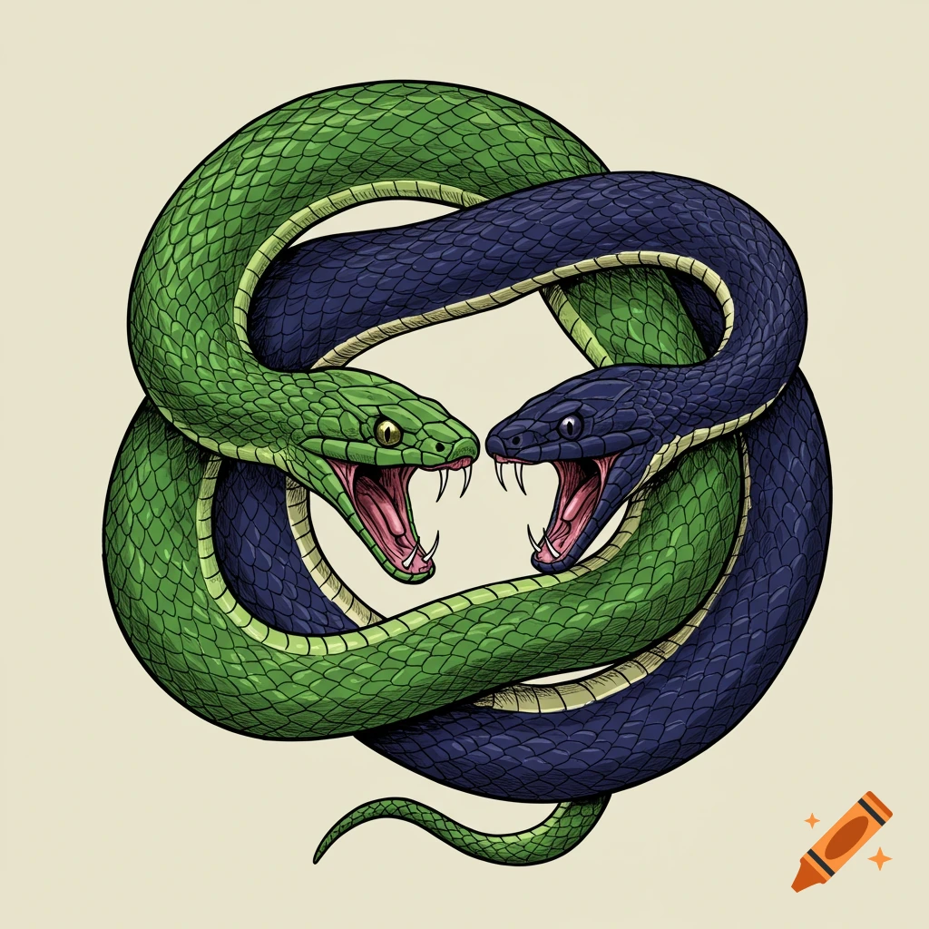 Illustration of two intertwined green and blue snakes biting each other, forming a circle.