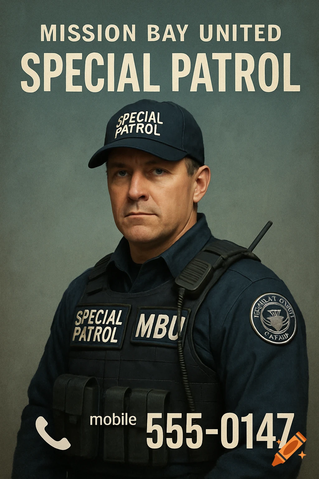 A man in a dark uniform with text reading 'MISSION BAY UNITED SPECIAL PATROL' and 'mobile 555-0147'.