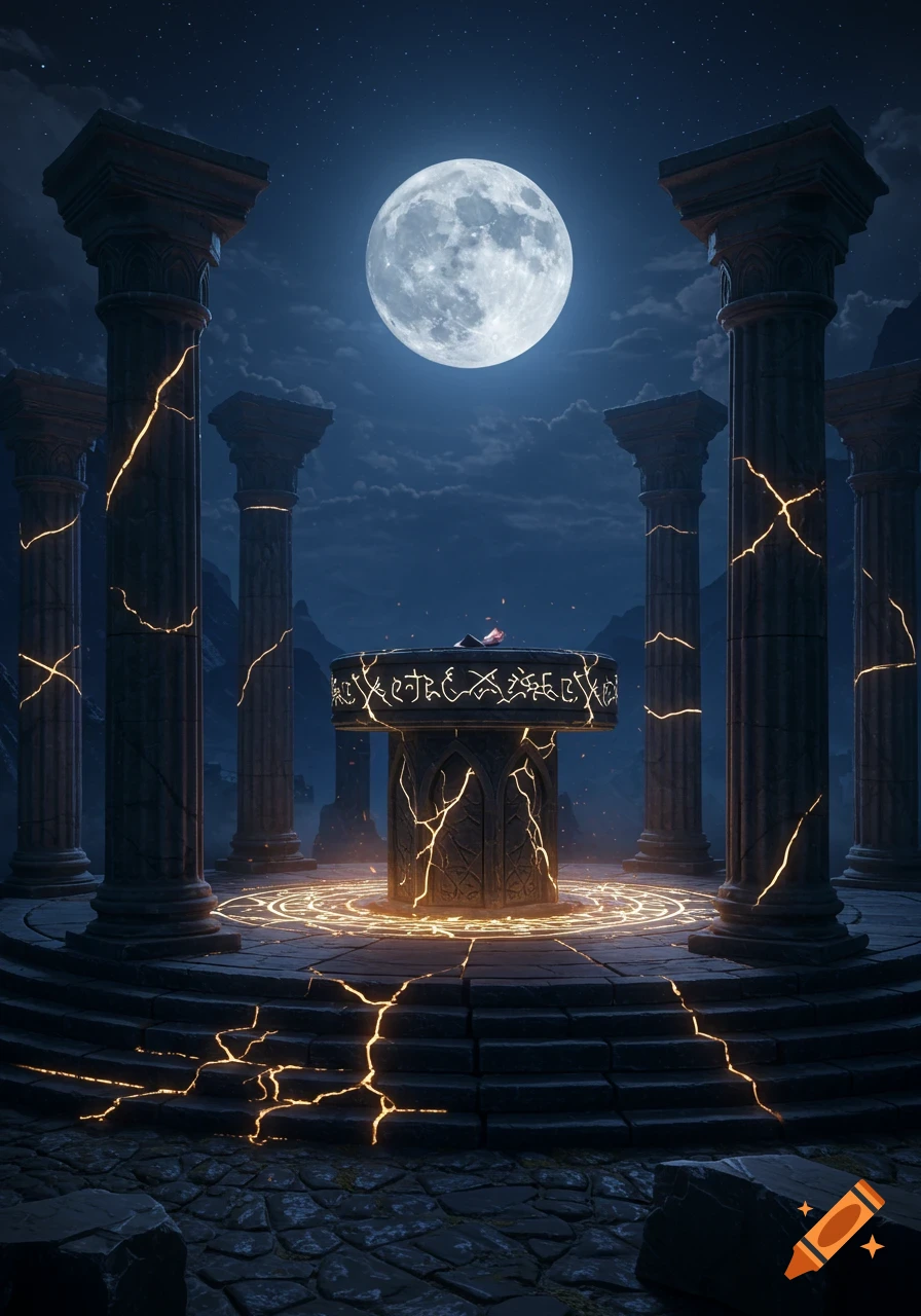 Ancient ruins with cracked pillars and a circular altar glowing under a full moon.