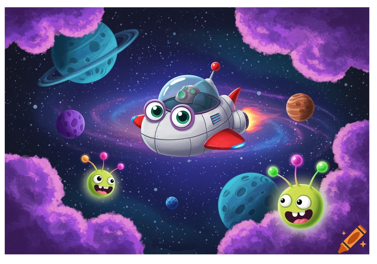 Cartoon spaceship flies through space with cute aliens and planets.