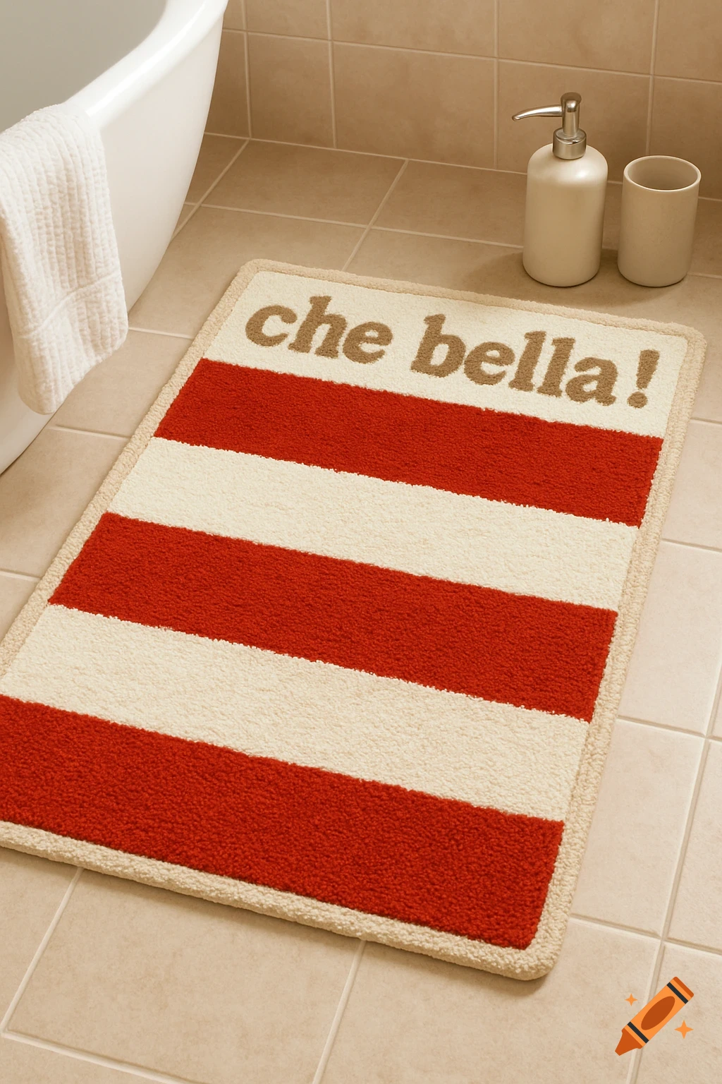 A red and white striped bath mat with "che bella!" text sits on a tile floor in a bathroom.