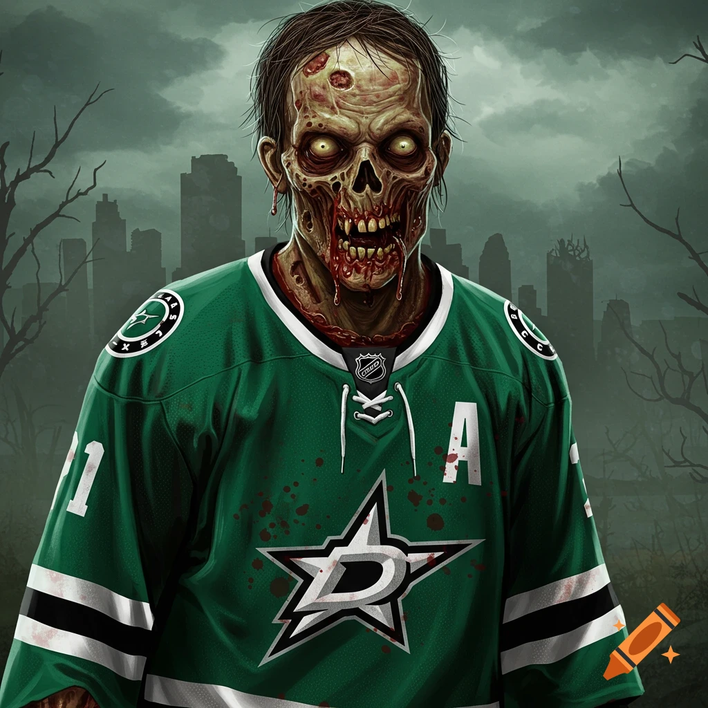 Stylized illustration of a zombie wearing a Dallas Stars hockey jersey.