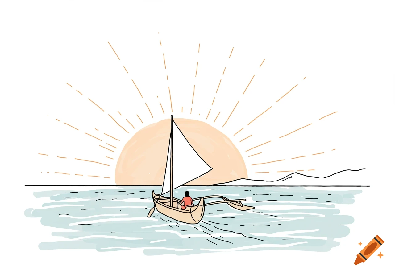 Simple drawing of a person in a canoe sailing towards a sunset on the water.