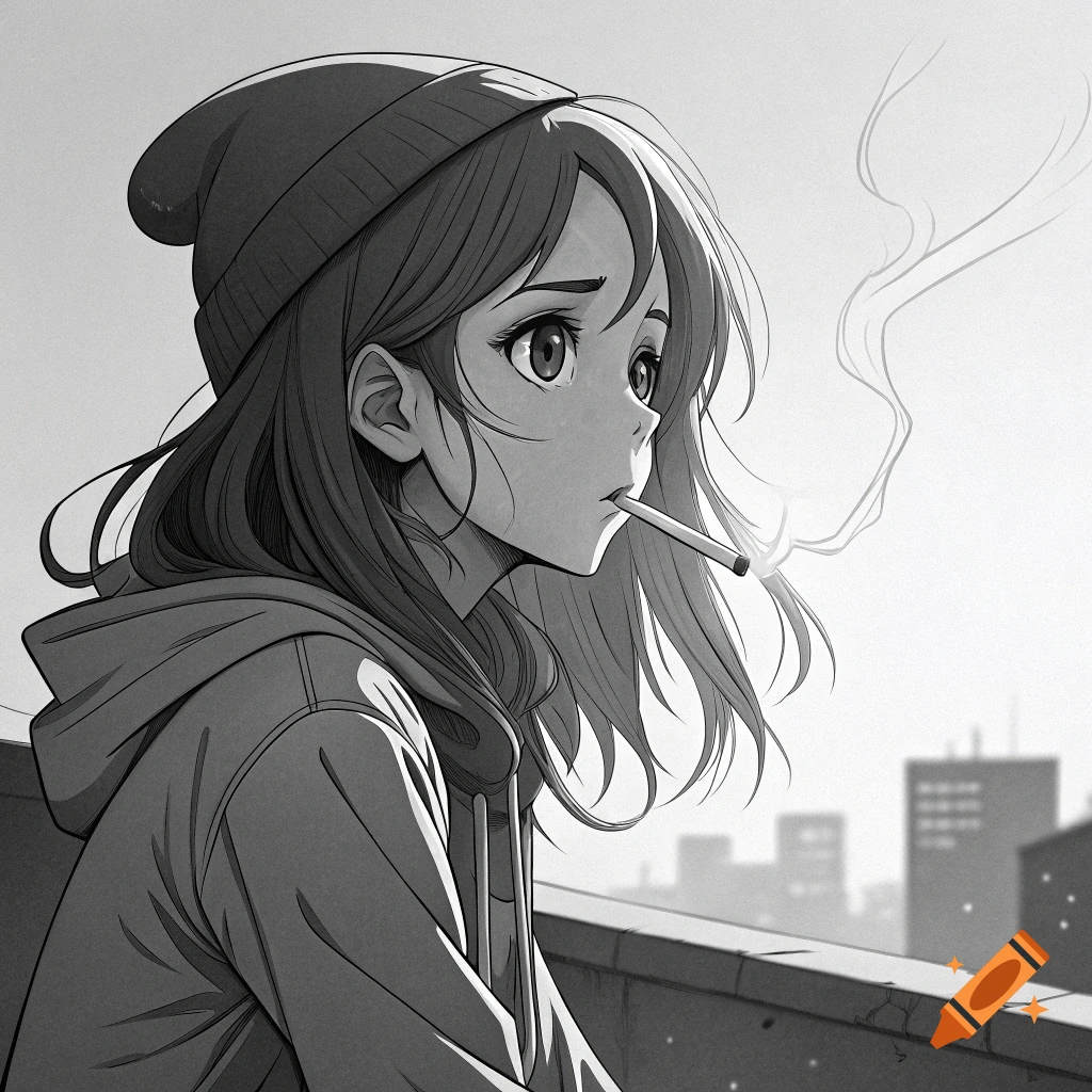 Black and white anime drawing of a girl with a beanie and hoodie smoking on a rooftop with buildings in the background.