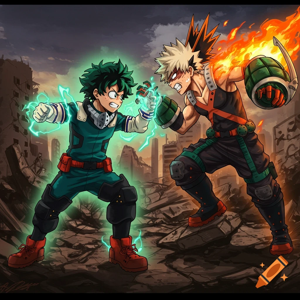 Anime style illustration of Deku and Bakugou fighting in a destroyed city.