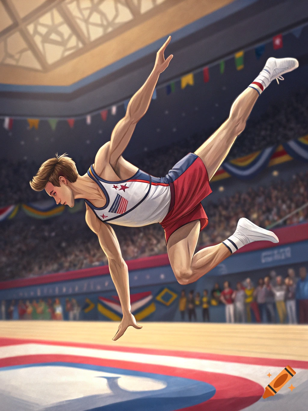 A male gymnast in a white, red, and blue leotard performing a routine in a stadium.