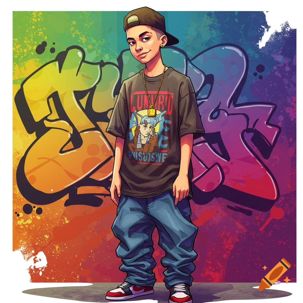 Cartoon illustration of a young man in baggy clothes and a cap standing in front of a graffiti wall.