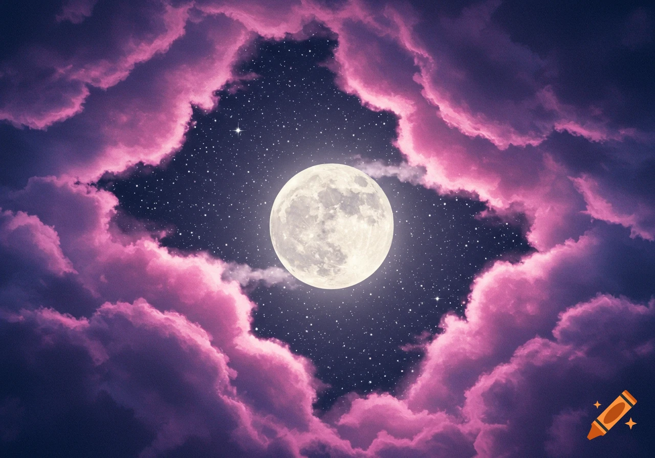 A full moon in a starry night sky framed by bright pink and purple clouds.