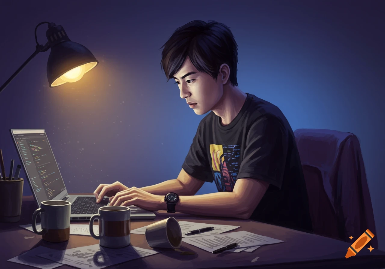 Digital illustration of a programmer typing on a laptop at a desk lit by a lamp.