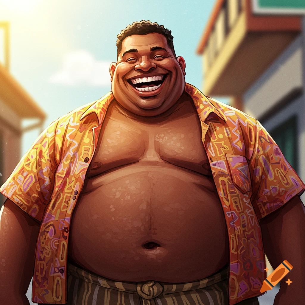 Cartoon illustration of a large smiling man in an open patterned shirt.