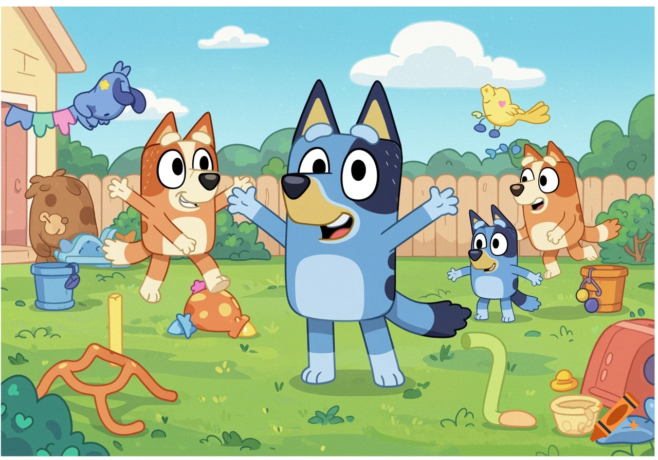 Cartoon dogs from Bluey playing in a backyard