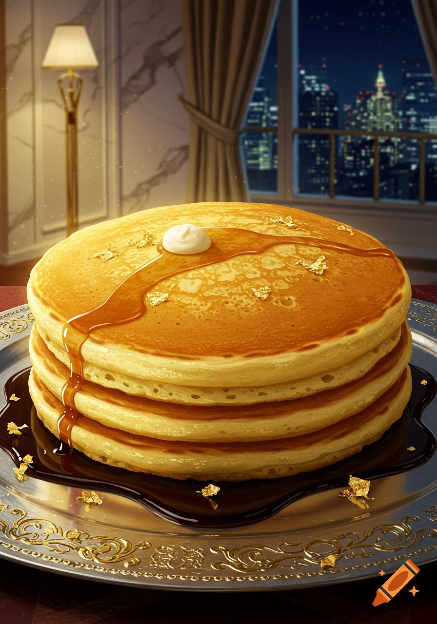 A stack of pancakes with syrup, butter, and gold flakes on a silver platter in a luxurious room with a city view at night.