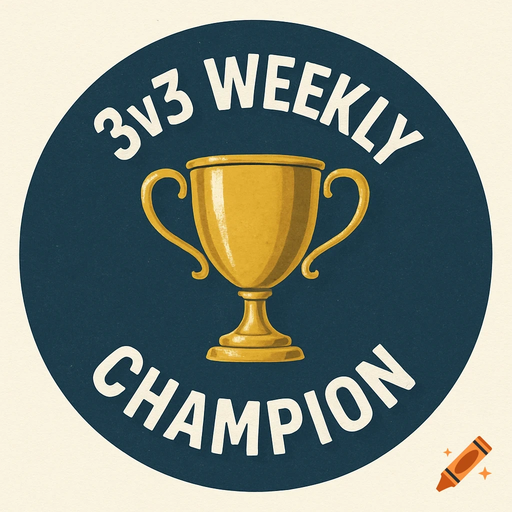 Illustration of a gold trophy in a blue circle with '3v3 WEEKLY CHAMPION' text