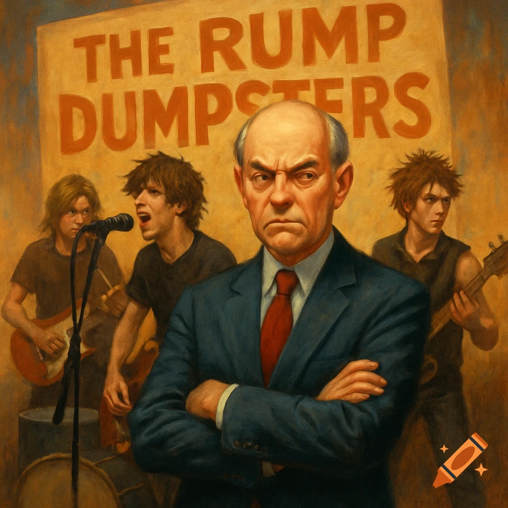 A stern man in a suit stands in front of a punk band with a banner reading 'THE RUMP DUMPSTERS'. Painted style.