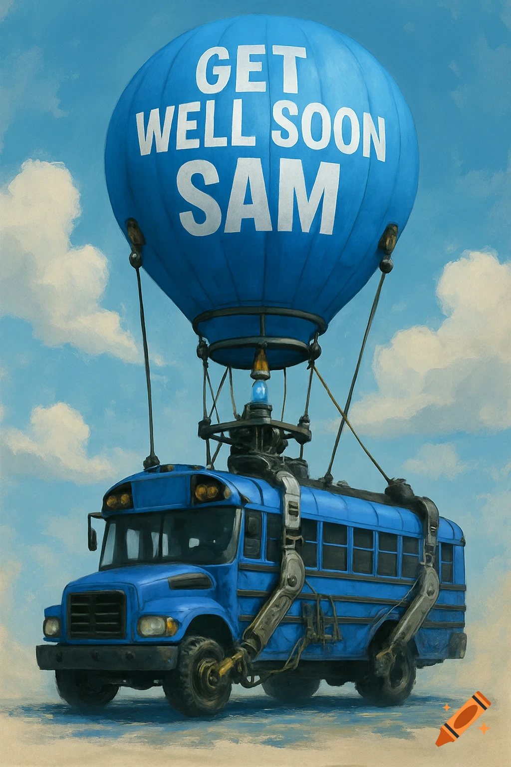 A blue Fortnite battle bus flying under a blue hot air balloon that reads 'Get Well Soon Sam'.