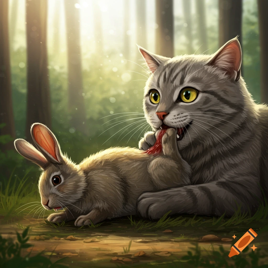 A gray tabby cat eats a rabbit in a sunlit forest clearing.