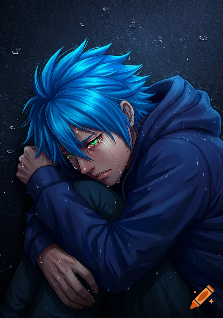 Anime man with blue hair crying in the rain while curled up.