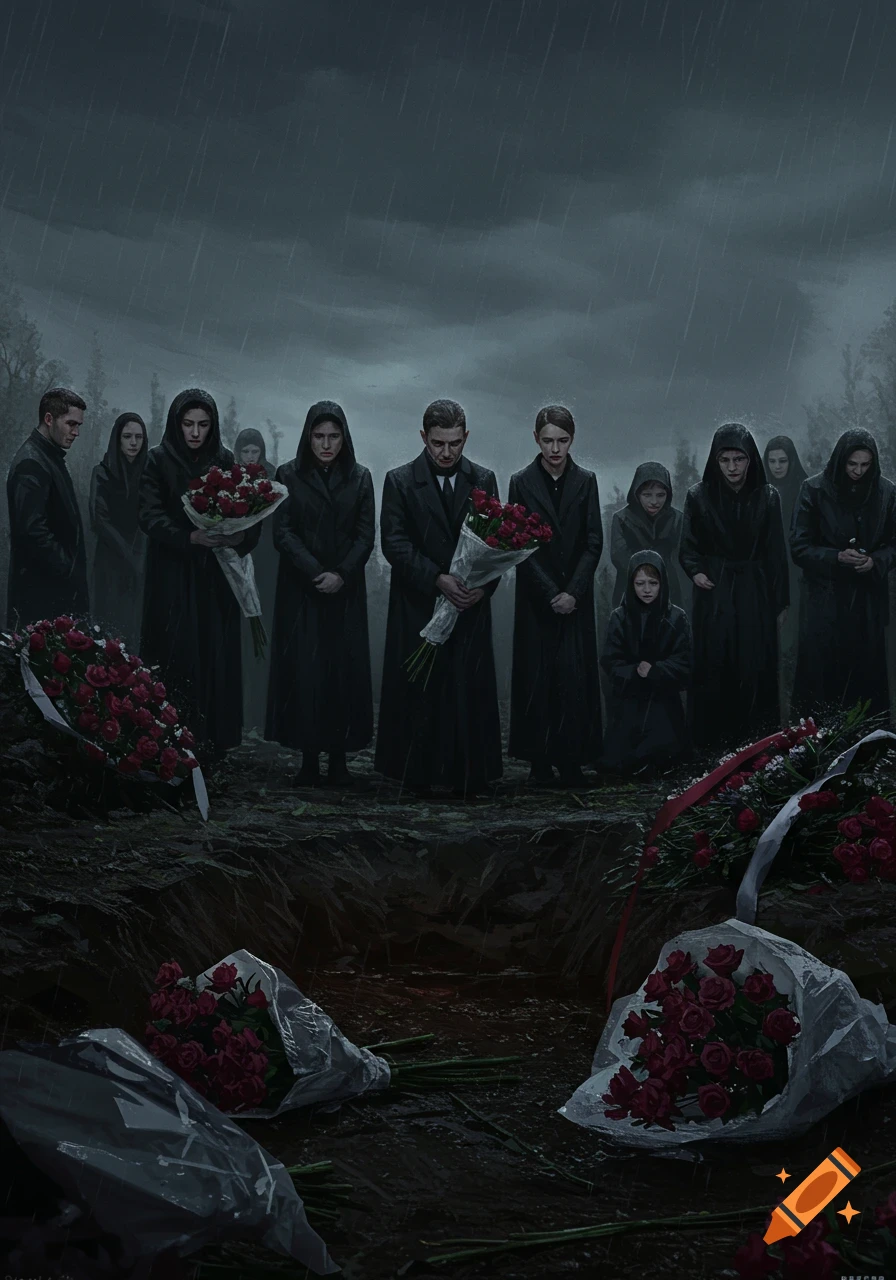 People stand by a grave in the rain during a funeral, with wreaths of red roses.