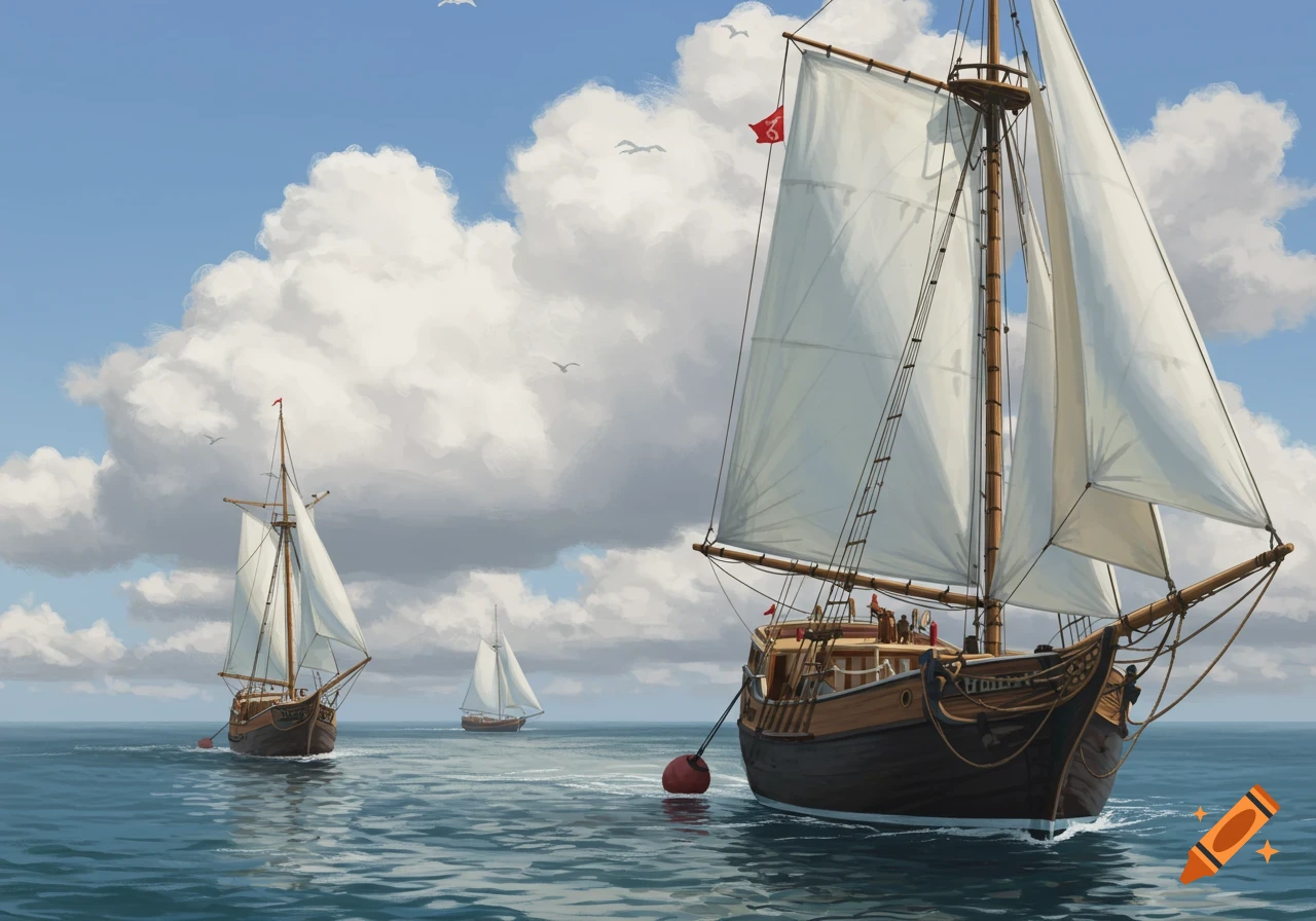 Painterly illustration of three sailboats on a calm sea under a cloudy sky.
