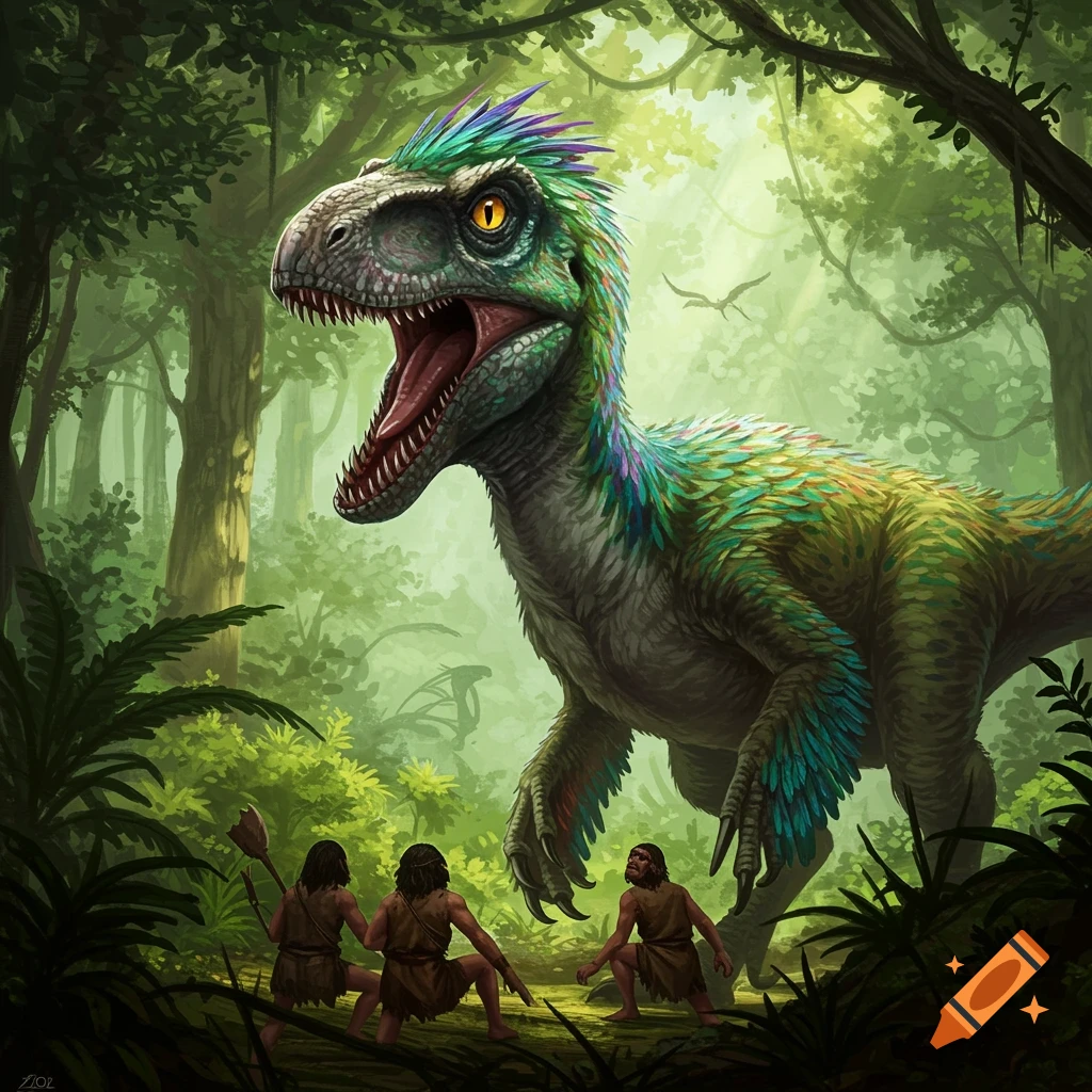 Illustration of a feathered dinosaur towering over ancient humans in a jungle.