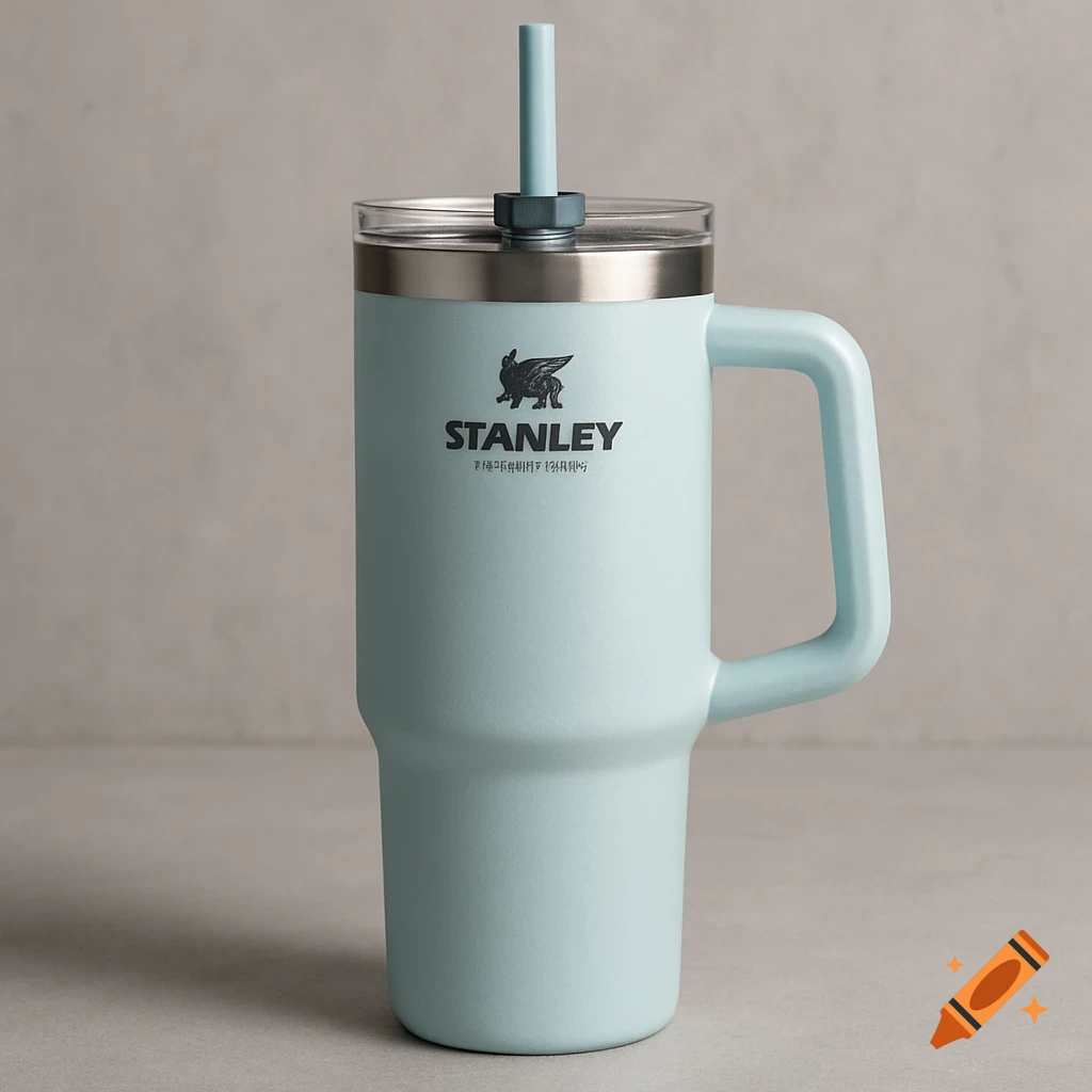 A light blue Stanley tumbler cup with a handle and straw sits on a grey background.