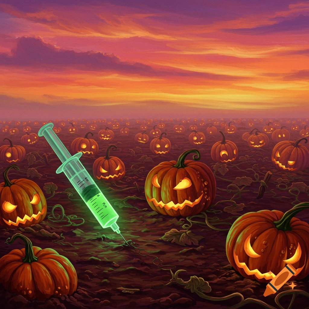 A field of glowing jack-o'-lanterns under a sunset sky, with a large green glowing syringe injecting the ground.