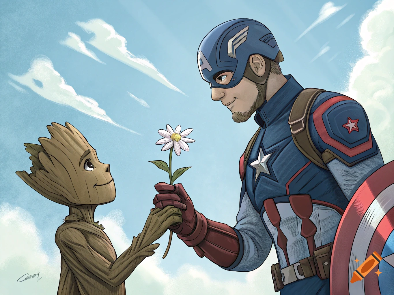 Captain America gives a daisy flower to Groot in a comic art style.