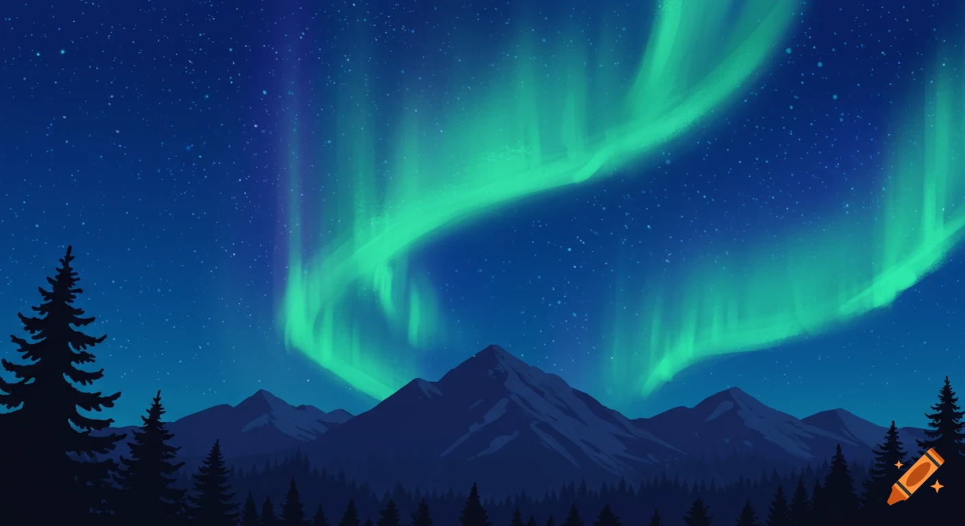 Stylized landscape with green aurora over mountains and trees at night under a starry dark blue sky.