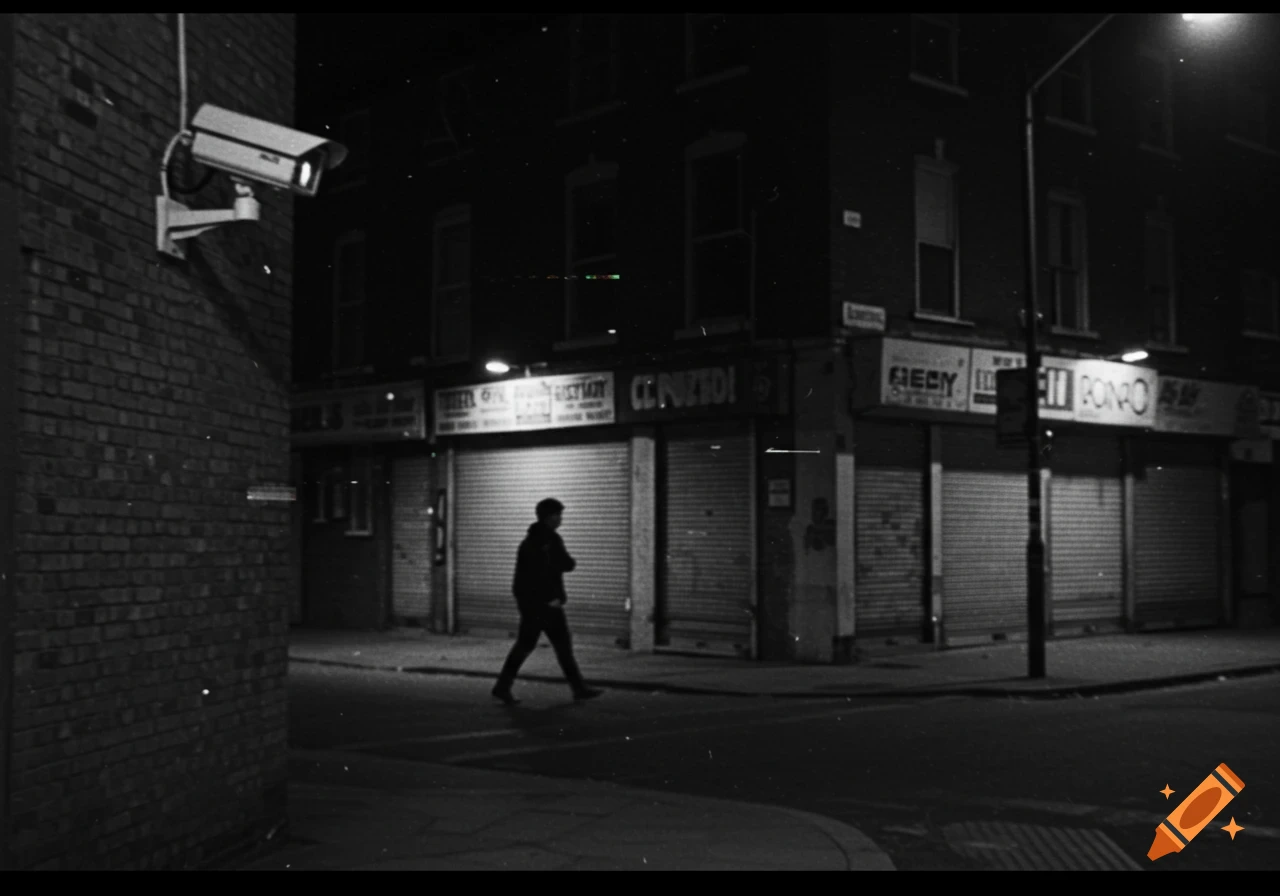 Black and white street scene at night with a person walking past closed shops, viewed from a security camera.