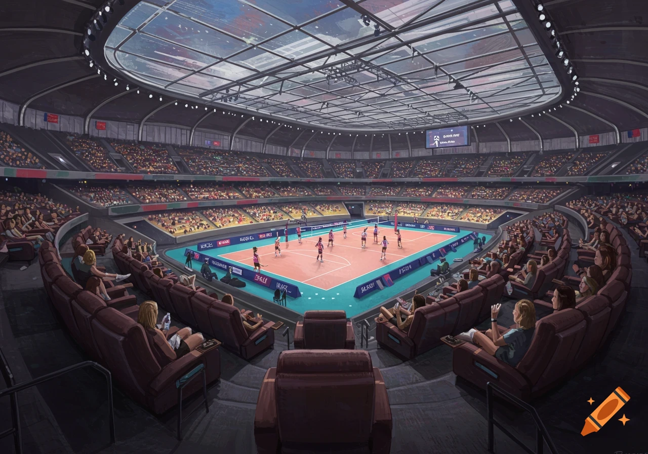Volleyball game in a unique stadium with recliner seats and a large crowd.