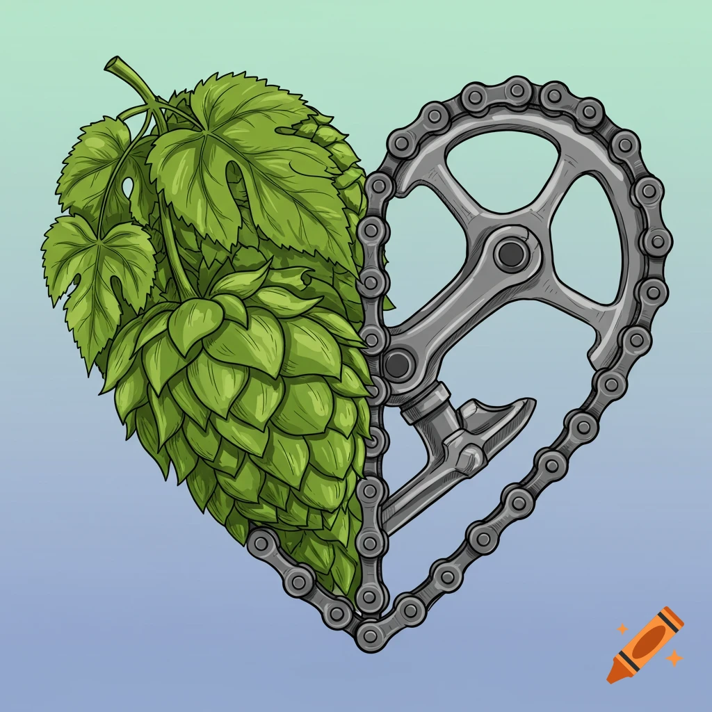 Illustration of a heart made of a green hop cone/vine on the left and a bicycle chain and crank on the right.