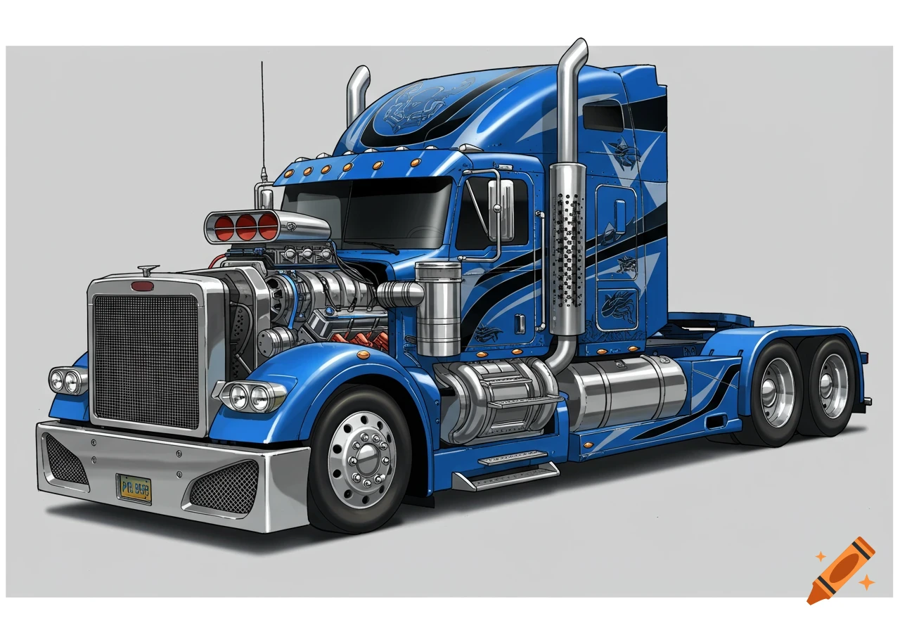 Blue custom semi-truck with large engine illustration