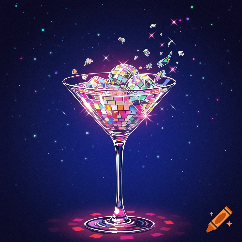 A stylized illustration of a martini glass filled with small disco balls and sparkling fragments against a starry background.