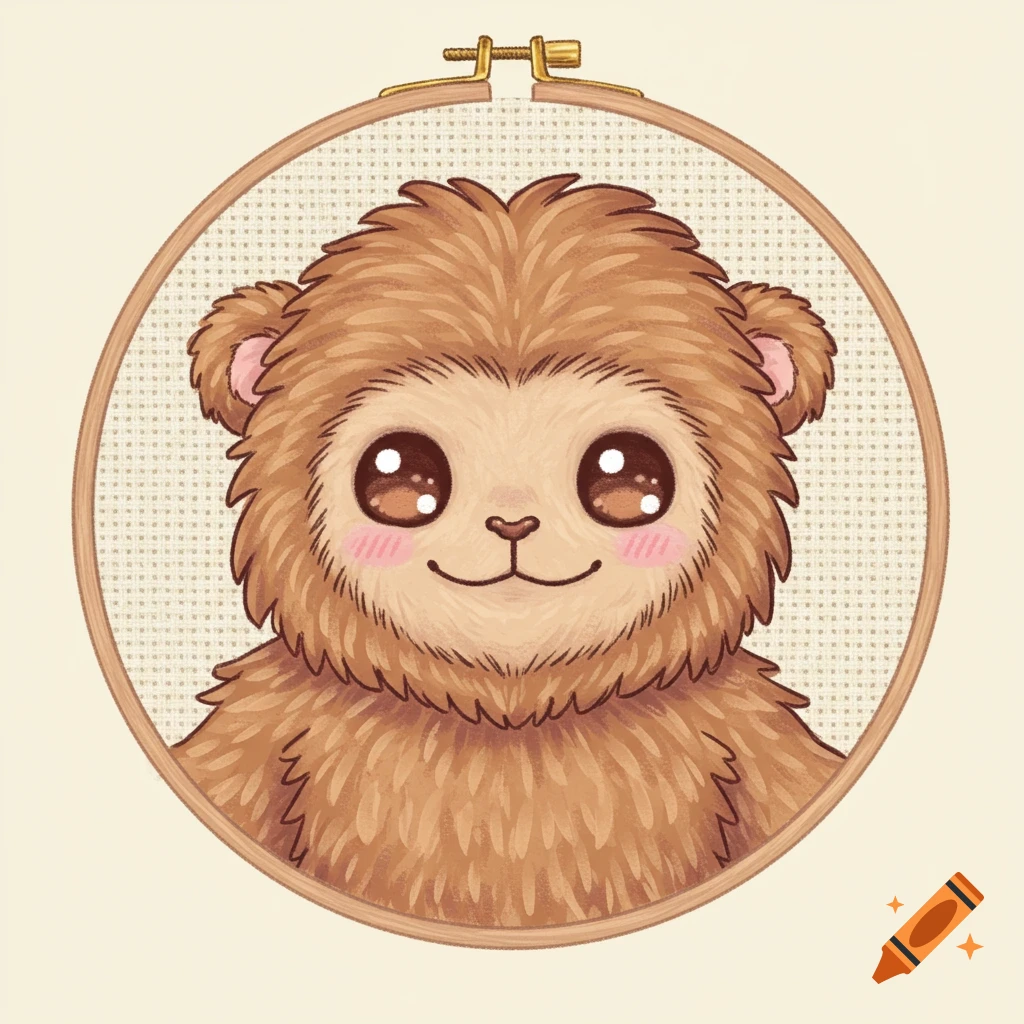 Kawaii cross-stitch illustration of a fluffy bigfoot creature in an embroidery hoop.