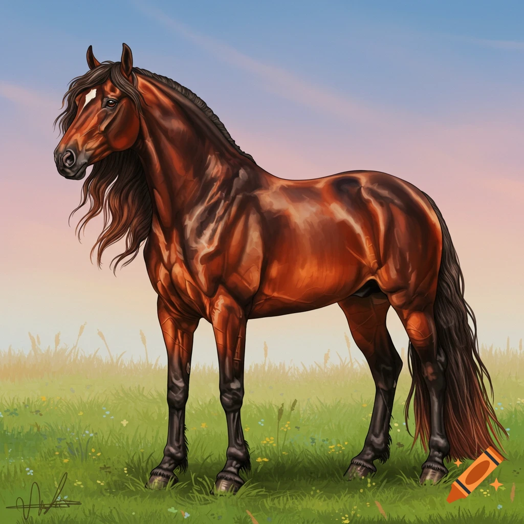 Drawing of a brown horse standing in a grassy field under a colorful sunset sky.