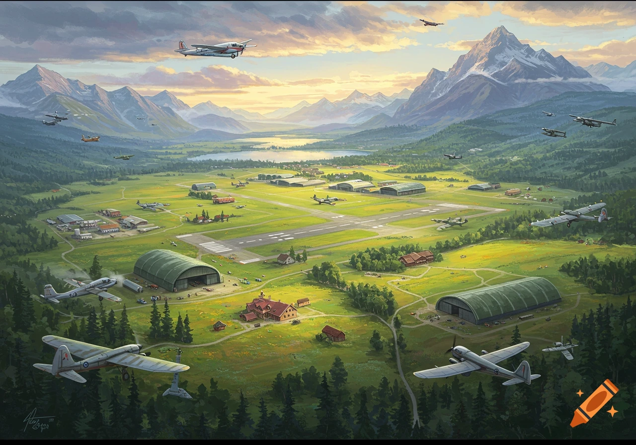 Illustration of a busy mountain airfield in a valley with numerous airplanes in the air and on the ground.
