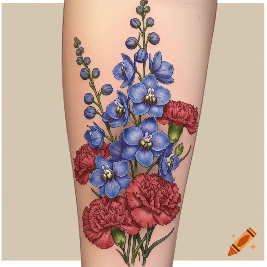 Tattoo of blue larkspur and red carnations on skin.