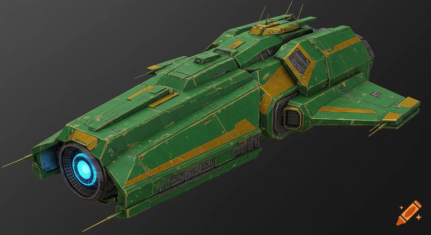 A green and gold sci-fi spaceship.