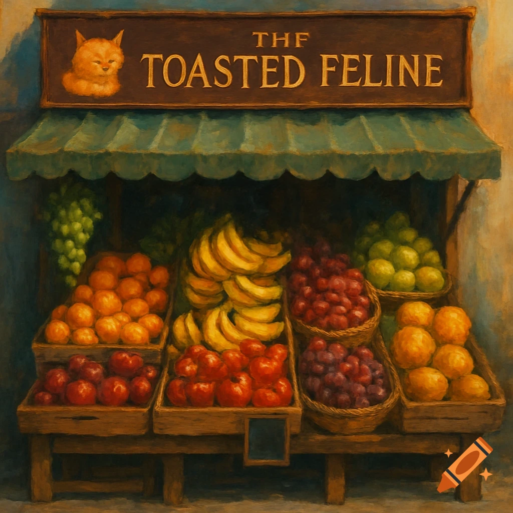 Painting of a fruit stand with a sign reading 'The Toasted Feline' and a cat icon.