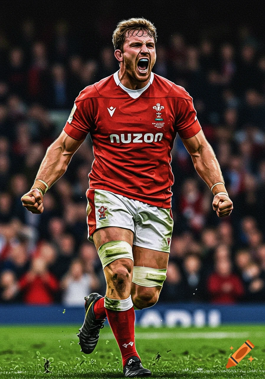 Rugby player in red jersey cheering on field